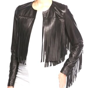 Black Fringed Leather Jacket Size XS